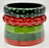 BB501 red, teal, green & black bakelite bangles
